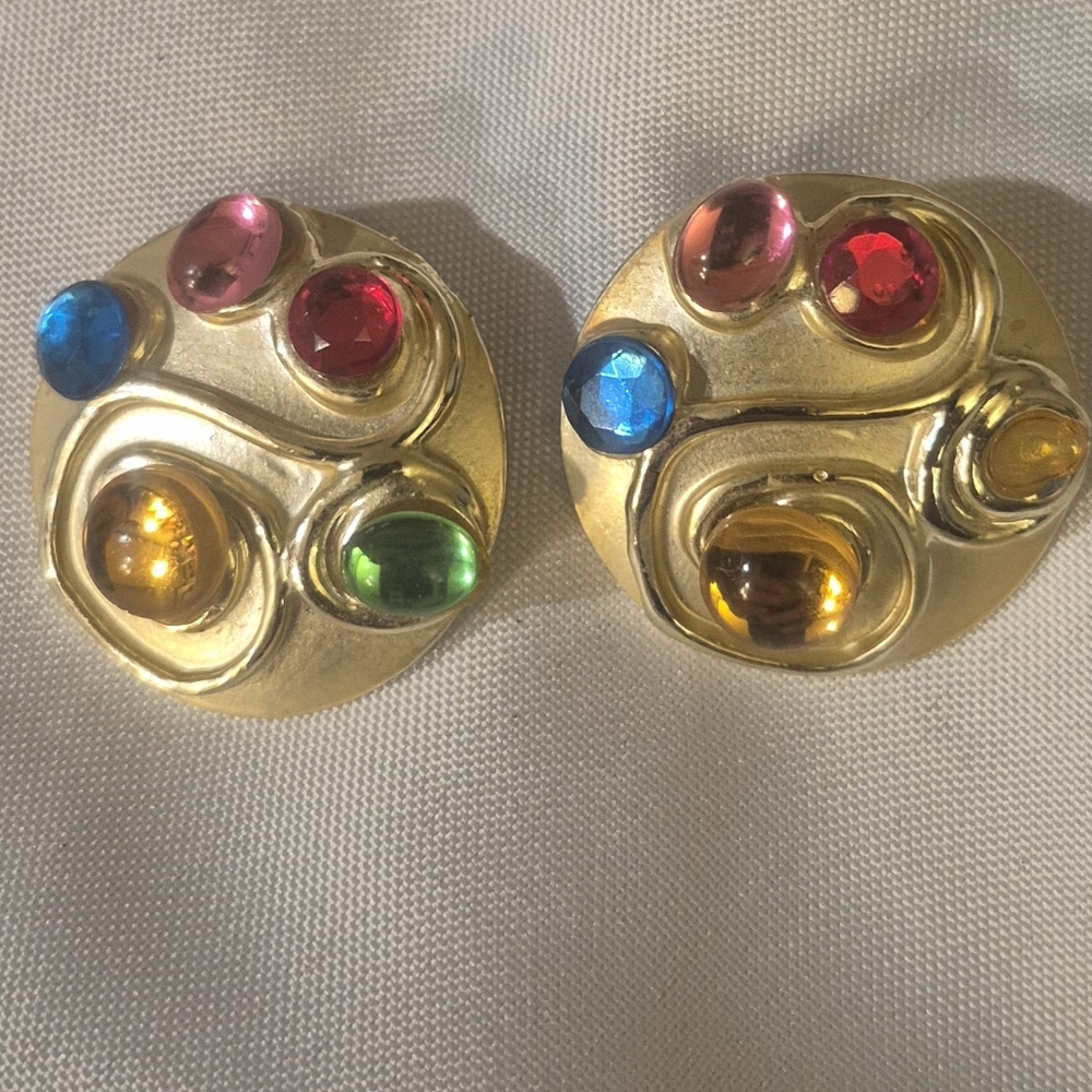 Vintage Don-Lin Boho Platter Earrings Colorful Cabochons Rare Find